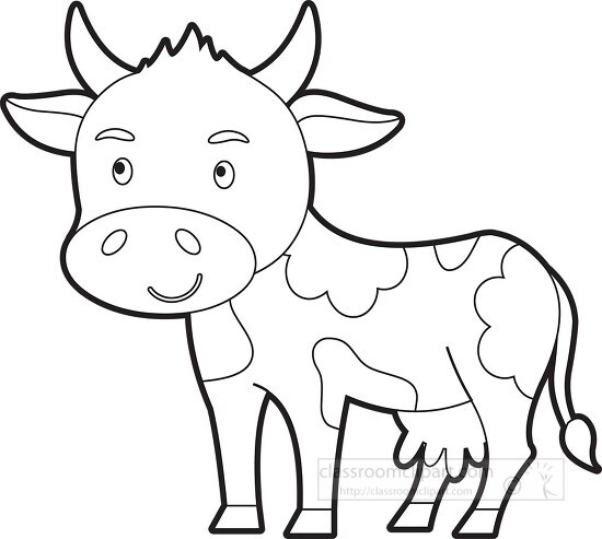 cute cartoon cow with horns standing on grass outline outline