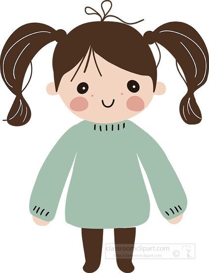 cute cartoon girl with pigtails and a green sweater