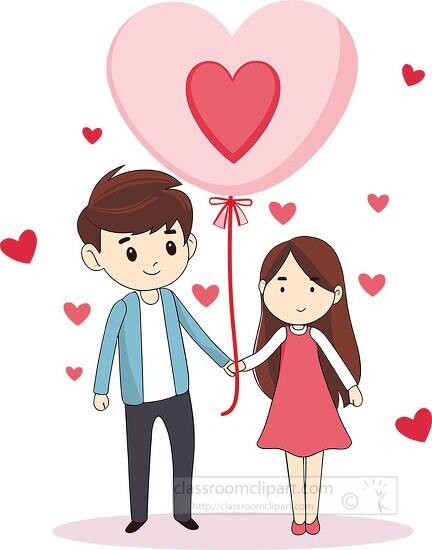 Cute cartoon of a young couple holding hands with a heart balloo