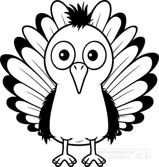 cute cartoon style turkey big feathers and eyes black outline pr
