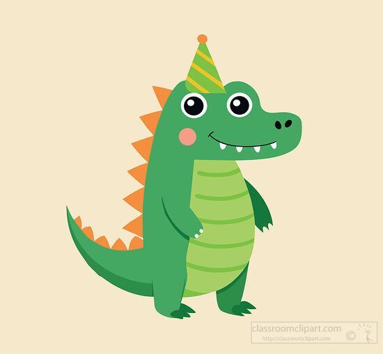 cute crocodile character dressed up with a colorful party hat