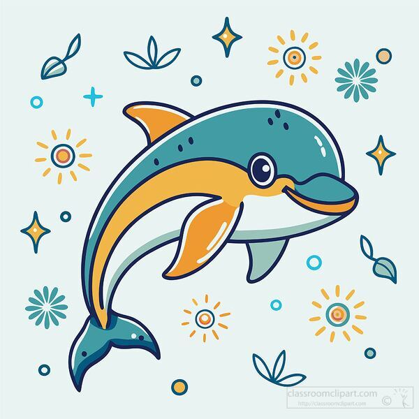 cute dolphin is illustrated with a happy expression