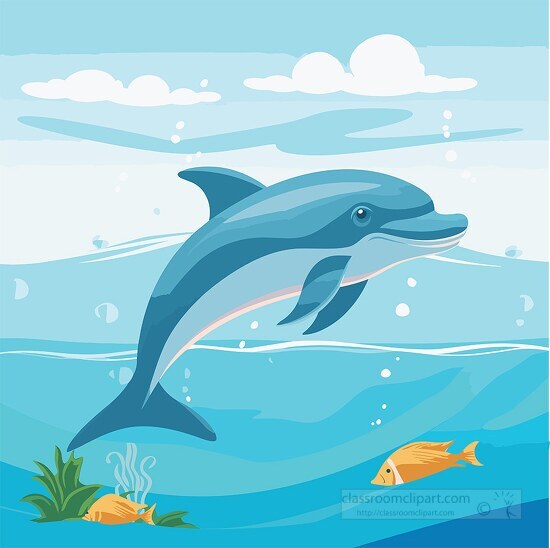 cute dolphins swimming in the ocean with fish