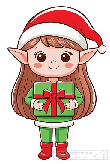 cute elf girl in a Santa hat holding a green gift with a red bow