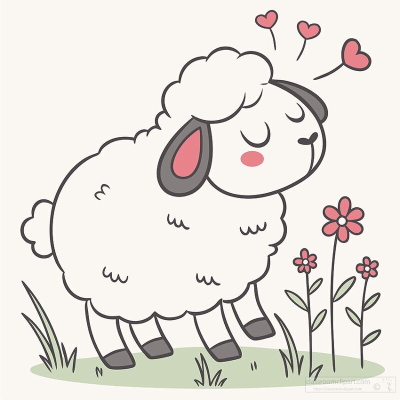 cute fluffy sheep with eyes closed stands in flowers and grass