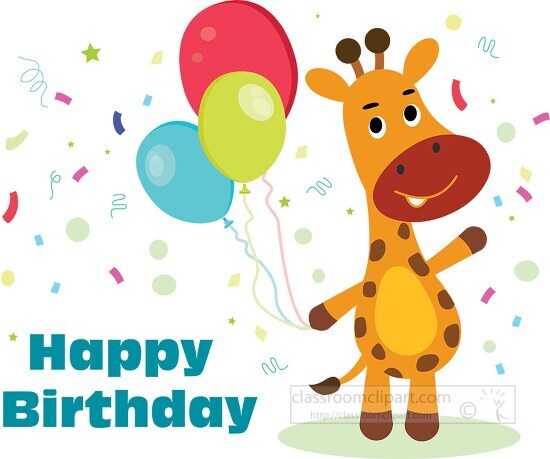 cute giraffe cartoon character holding balloons with happy birth
