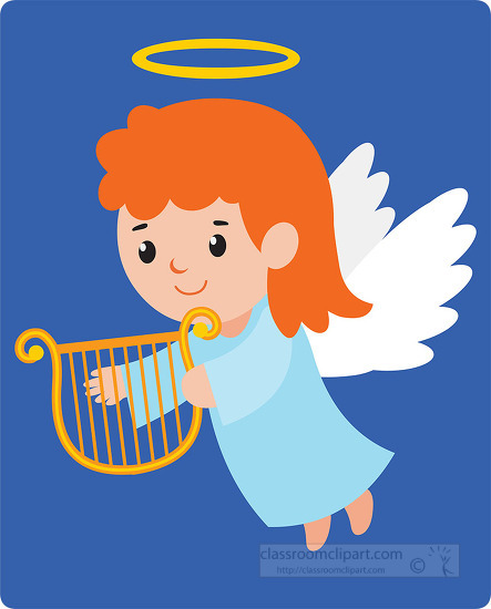 cute girl angel holds a musical harp clip art