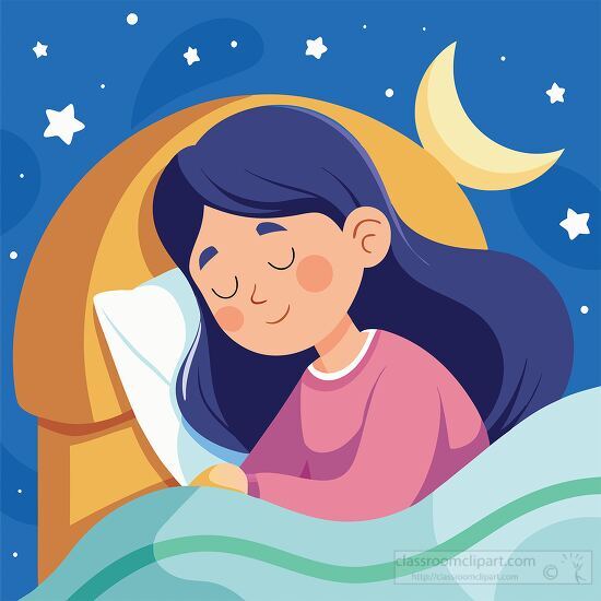 cute girl is fast asleep in her colorful bed snuggled up with the moon watching over her