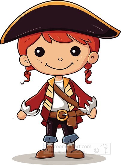 cute girl pirate wearing a large hat cartoon style