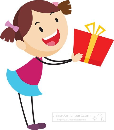 cute girl stick figure holiding gift wrapped with bow clipart