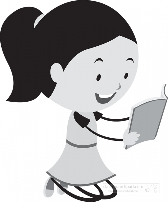 little girl reading clipart black and white