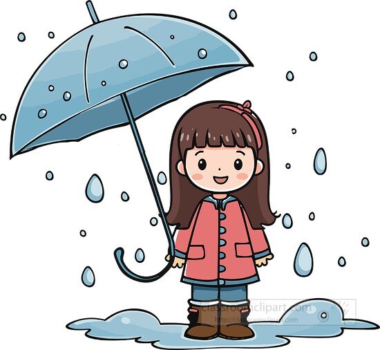 cute girl wearing rain jacket and boots with an umbrella