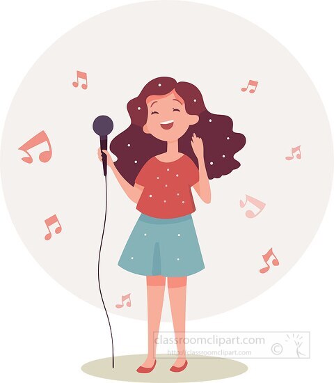 cute girl with long hair singing into a microphone clip art