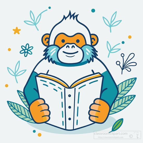cute gorilla smiles while holding an open book to read