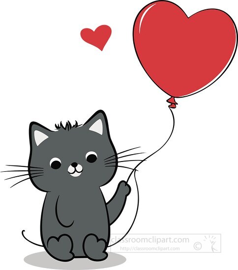cute gray cat holding heart shaped balloon