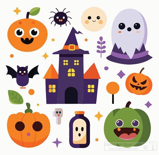 cute Halloween illustration featuring a haunted house pumpkins g