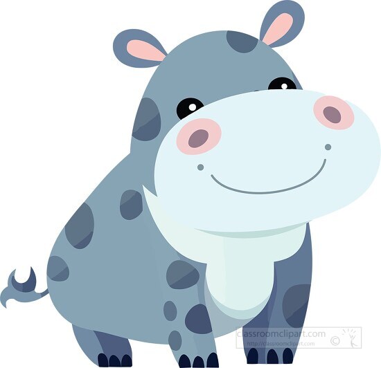 cute happy hippo with pink ears and nose standing