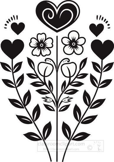 cute heart shaped leaves with flowers black silhouette