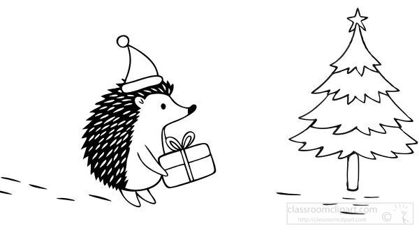 Cute hedgehog carrying a gift towards a sled by a Christmas tree