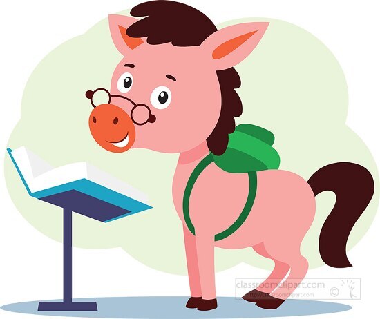 cute horse character reading ia book clipart