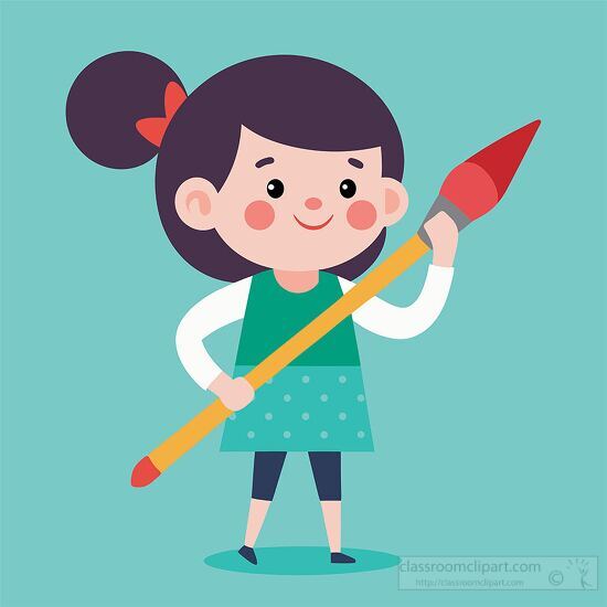 Cute little girl with a giant paintbrush ready to paint