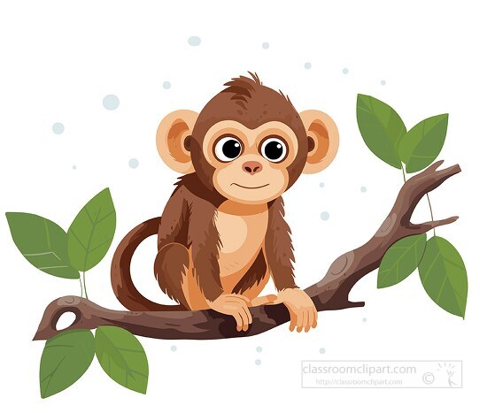cute monkey uses tail to balance itself on tree branch clip art