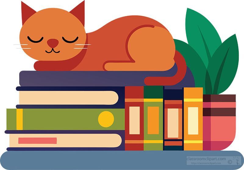 cute orange cat peacefully sleeping on a stack of colorful books