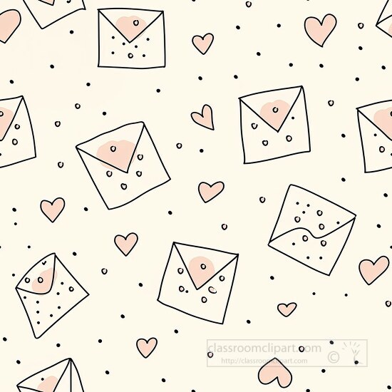cute pattern of envelopes surrounded by hearts and tiny dots