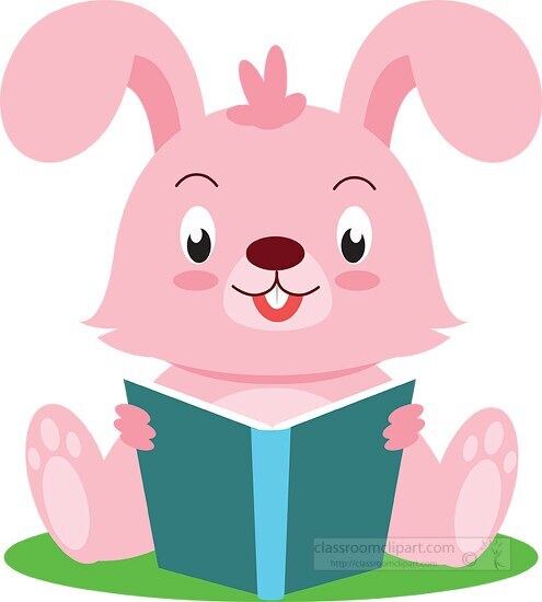 cute pink rabbit reading book clipart