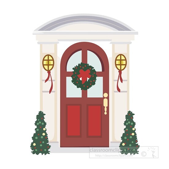 cute red front door to a home with trees for christmas