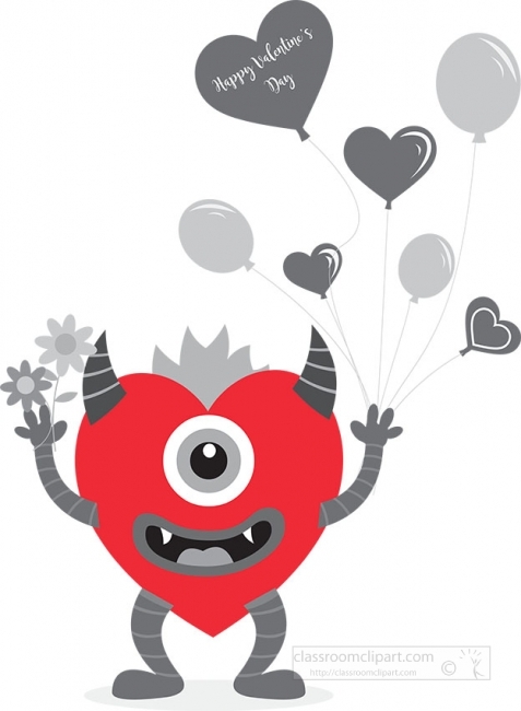 cute red heart shaped monster holding valentine balloons gray co