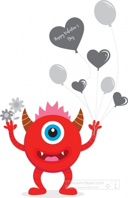 cute red monster holding valentine balloons gray color clipart