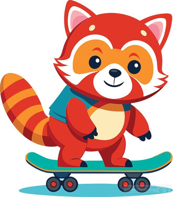 cute red panda wearing a blue shirt riding a skateboard cartoon 