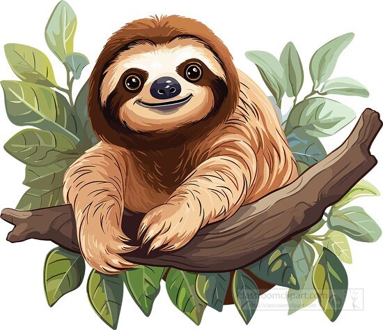 cute sloth animal leaning on a tree branch clip art