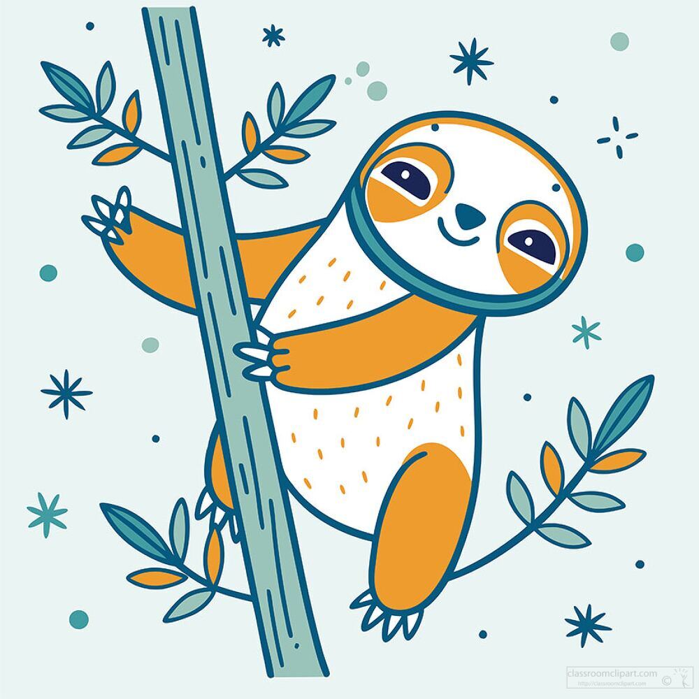 cute sloth clings to a tall branch