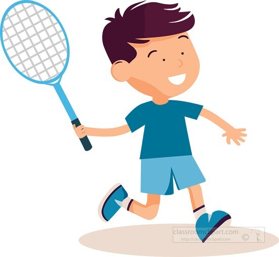 cute smiling boy holding runs to hit ball playing tennis