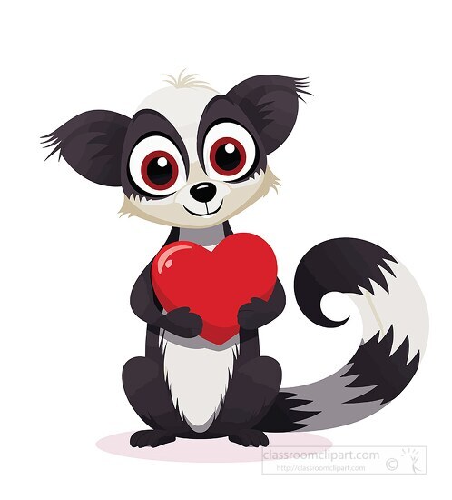 cute smiling lemur holds a red heart in hands