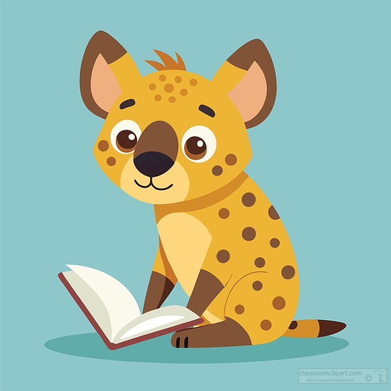 cute spotted hyena sits reading an open book