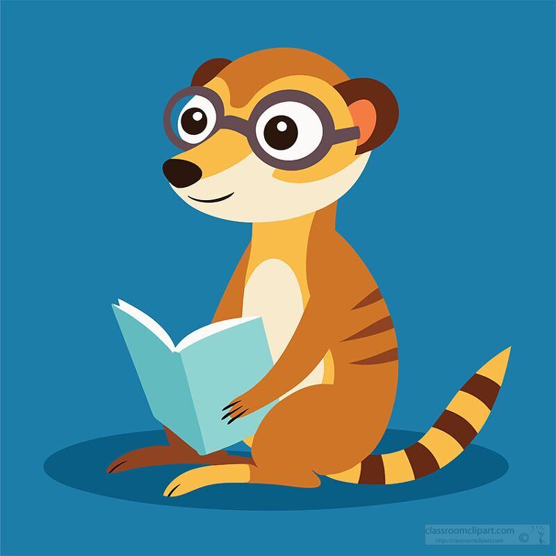 cute studious meerkat with round glasses reads a book