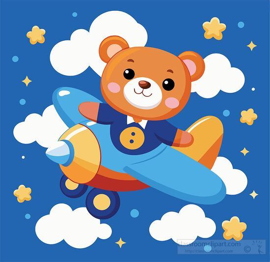 cute teddy bear flies a colorful airplane