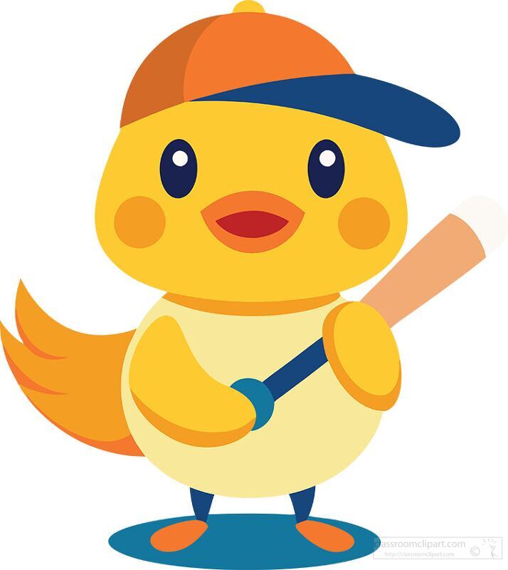 cute yellow duckling in a colorful cap holds a baseball bat