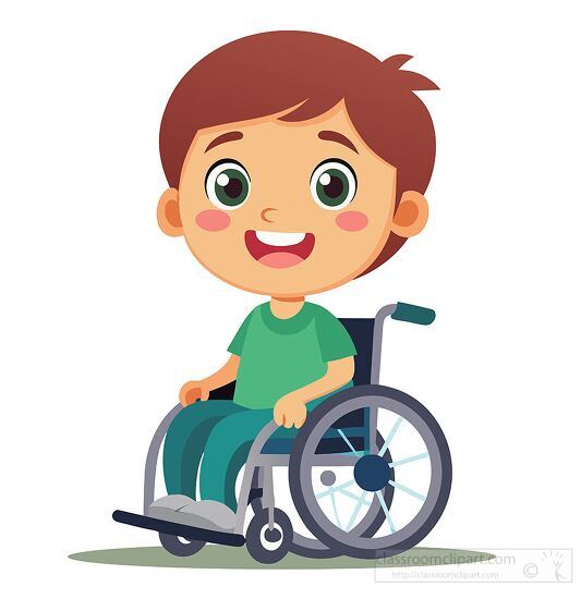 cute young boy with curly brown hair is sitting in a wheelchair