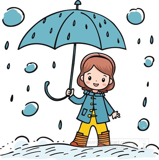cute young gir holds an umbrella during a rain storm