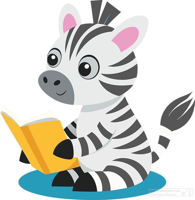 cute zebra with wide blue eyes sits while reading a book