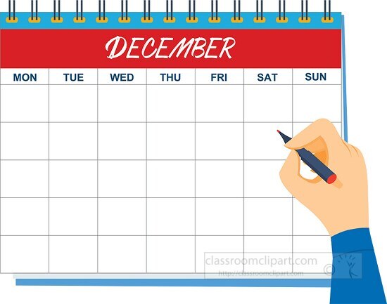 december calendar 2019 with hand holding pen clipart