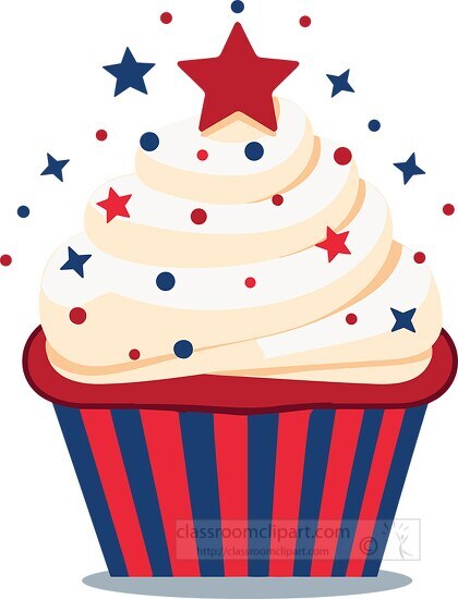 decorated cupcake with white frosting and stars clip art