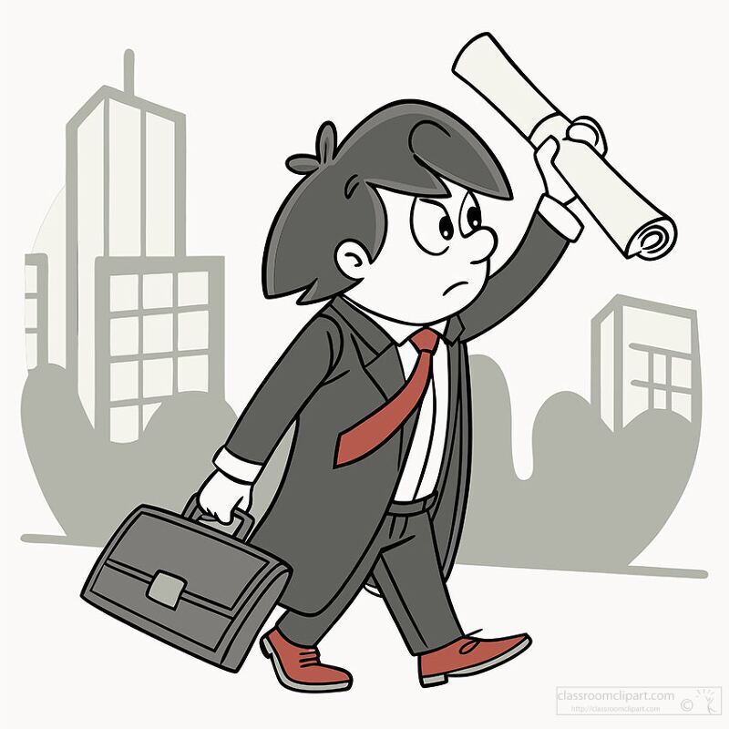 determined attorney carrying a briefcase and a rolled document