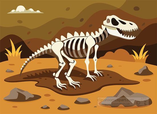 dinosaur skeleton in a prehistoric desert landscape