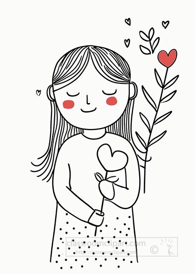 doodle line art of a girl with rosy cheeks holding a love flower