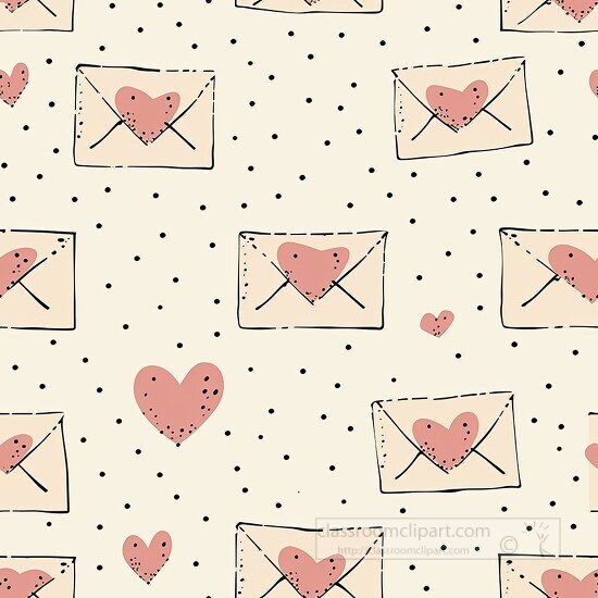 doodle pattern of hearts on envelopes on a dotted background